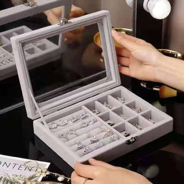 Jewellery Organiser Box Velvet Clear Lid - Image 5