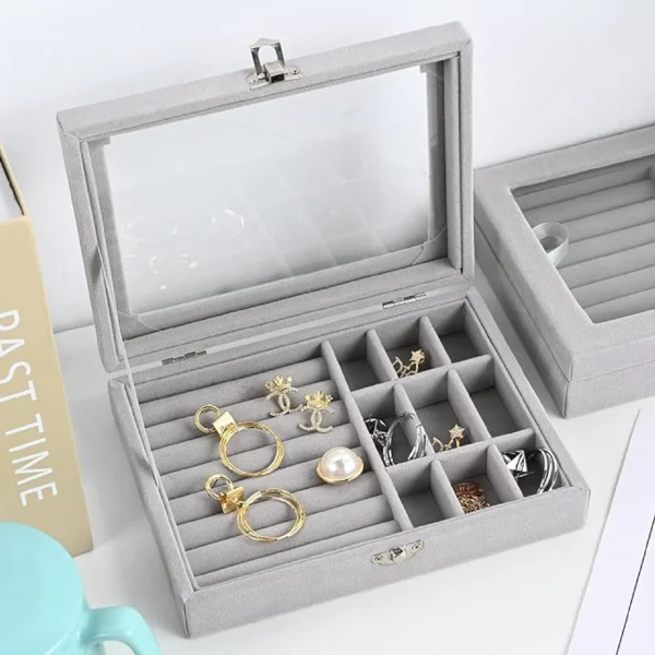 Jewellery Organiser Box Velvet Clear Lid - Image 3